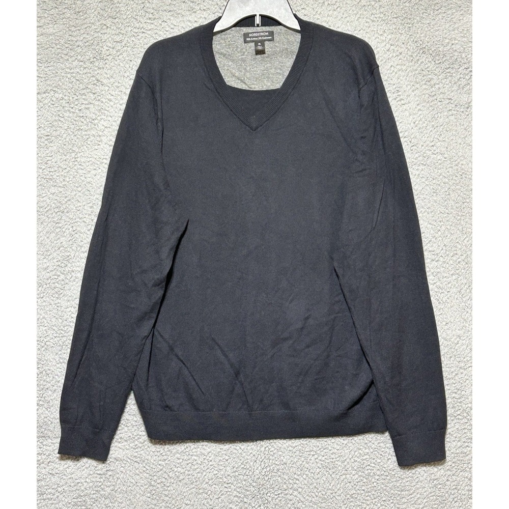 Nordstrom Mens XL Black V-Neck Pullover Sweater‎ Cashmere Cotton Long Sleeve